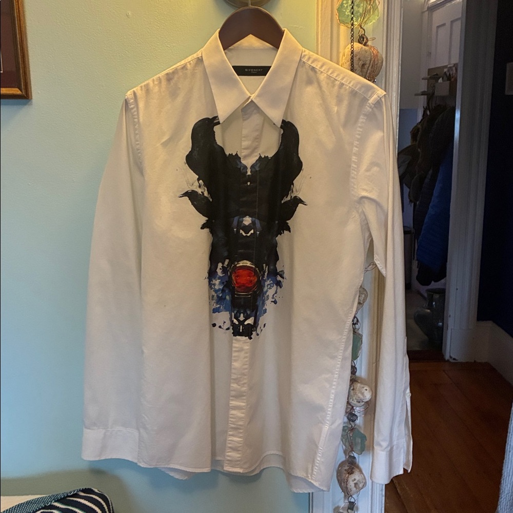 Givenchy White Shirt with Black and Blue stunning Design of crows. Unique - Picture 2 of 11